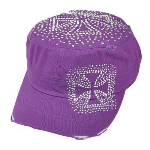 Iron Cross Rhinestone Gems Military Distressed Velcro Fashion Womens Hat Purple