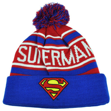 Superman Knit Beanie Pom Pom Cuffed Striped Red Super Hero Hat Warner Bros Comic 