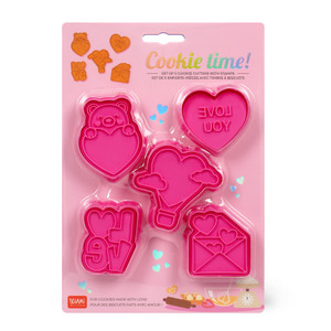 5 COOKIE CUTTERS WITH STAMPS - COOKIE TIME! - LOVE