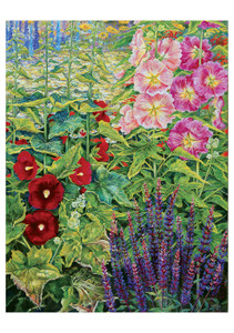 Rosalind Wise: Garden Border with Hollyhocks Notecard