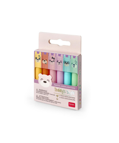 TEDDY' S STYLE  - SET OF 6 MINI PASTEL HIGHLIGHTERS - DISPLAY 12 PCS