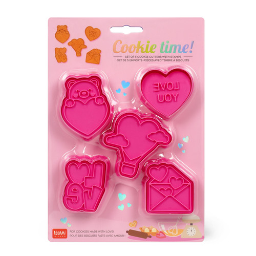 5 COOKIE CUTTERS WITH STAMPS - COOKIE TIME! - LOVE