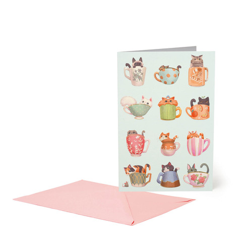 LARGE GREETING CARD - CATS TEA CUP