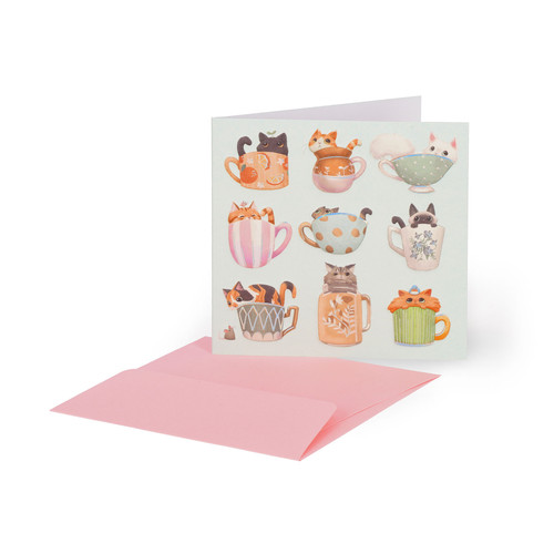 SMALL GREETING CARD - CATS TEACUP