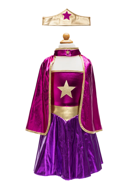 Superhero Star Dress with Cape & Headband, Magenta/Purple, SIZE US 5-6