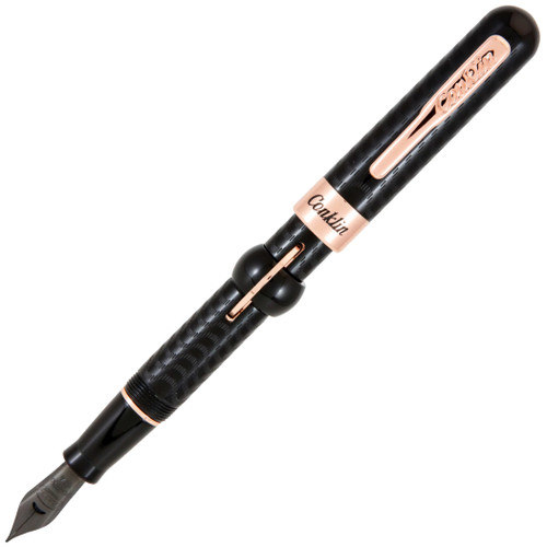 CONKLIN Mark Twain Crescent Filler Fountain Pen - Black Chase w/ Rose Gold - B Nib