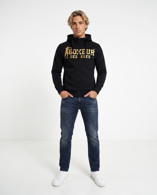 Felpa Logo Nera E Oro Con Cappuccio E Zip