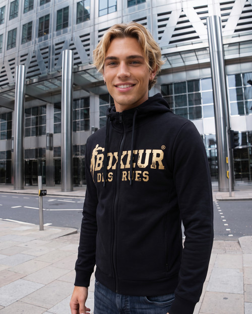 Felpa Logo Nera E Oro Con Cappuccio E Zip