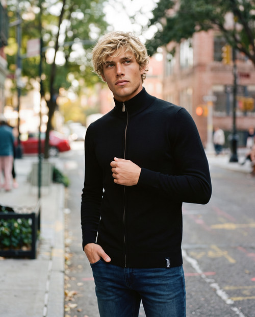 Maglione Nero A Collo Alto Full Zip