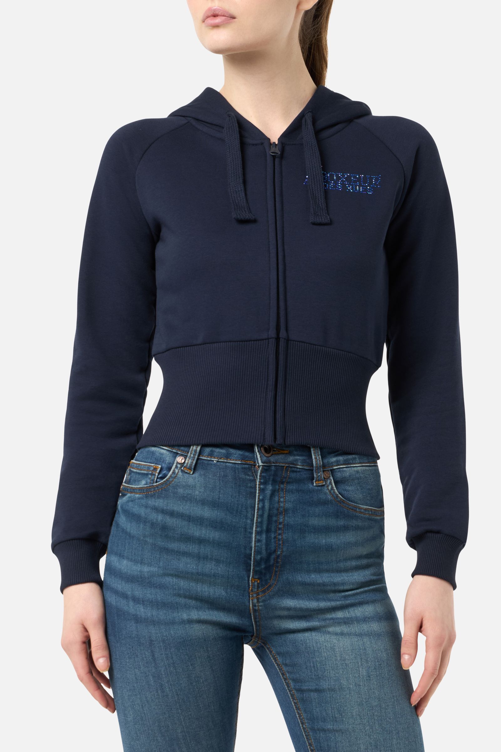 Rhinestone Black Zip Hoodie Navy