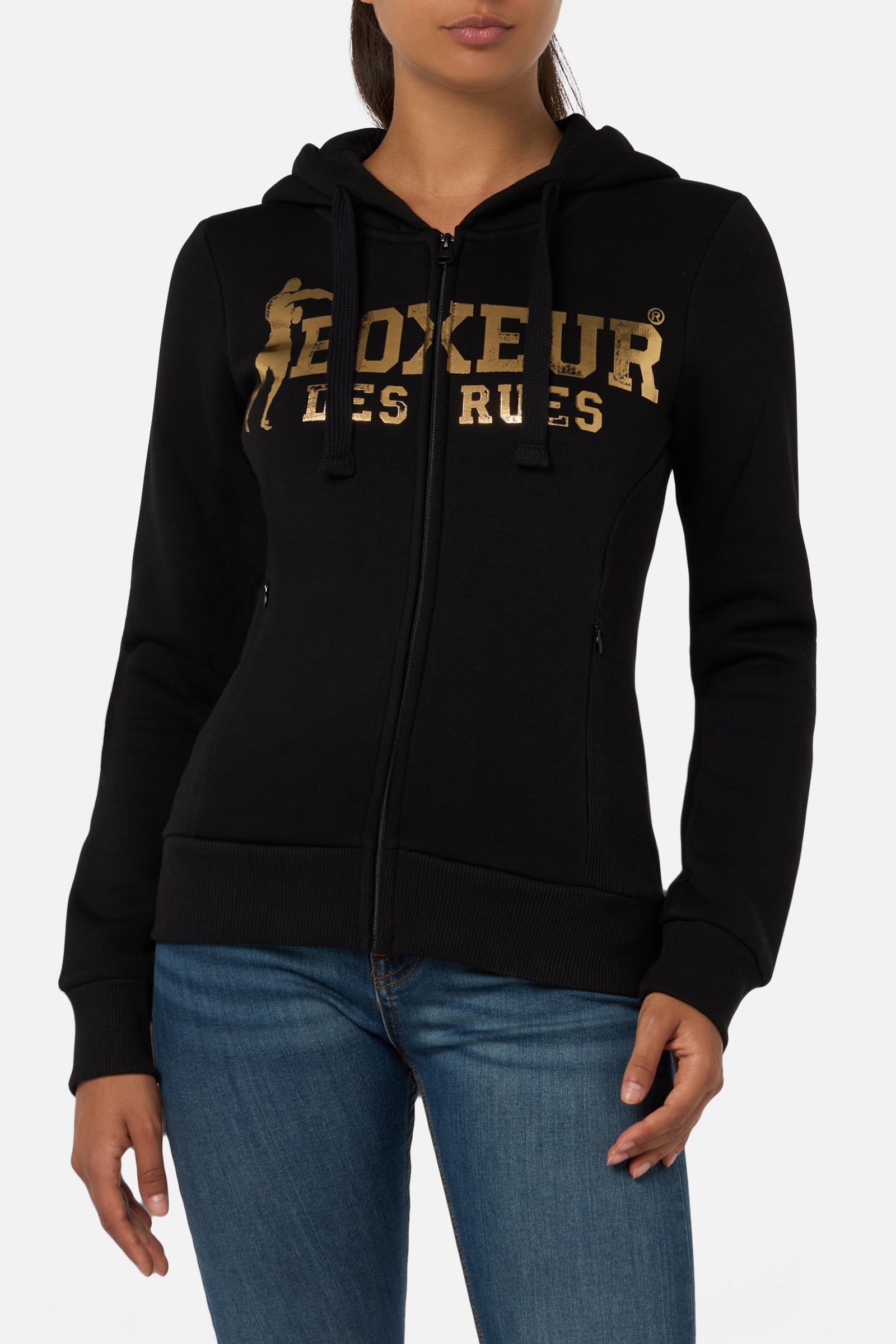 Black Zip Hoodie With Logo Black-Gold