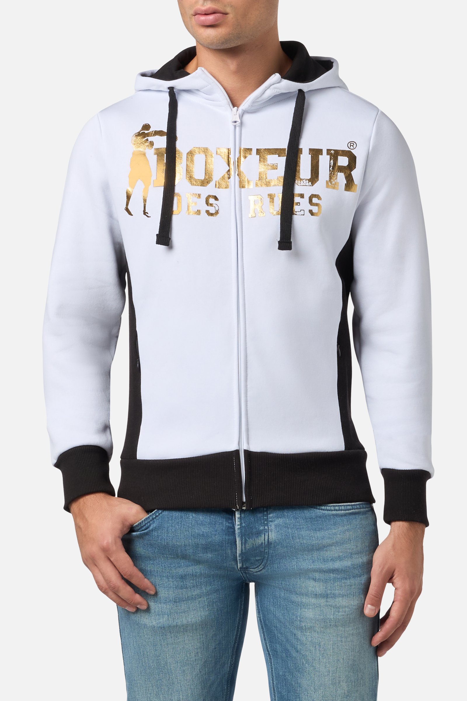 White And Gold Full Zip Hoodie Sweatshirt White-Gold