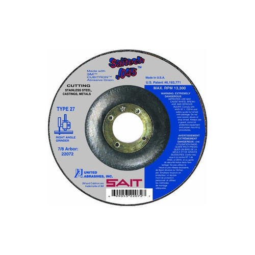 4-1/2" x .045" Type 27 Cutting Wheel, 7/8" Bore Saitech 045™ - No. 22072 4-1/2" x .045" Type 27 Cutting Wheel, 7/8" Bore Saitech 045™ - No. 22072