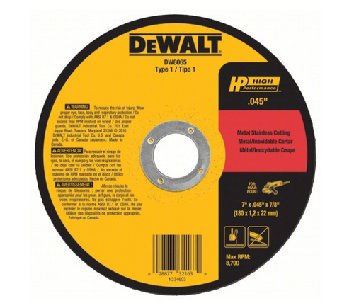 7" X .045" X 7/8" Type 1 Metal and Stainless Cutting Disc - No. DW8065 7" X .045" X 7/8" Type 1 Metal and Stainless Cutting Disc - No. DW8065