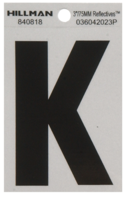 3 in. Reflective Black Mylar Self-Adhesive Letter K  - No. 840818