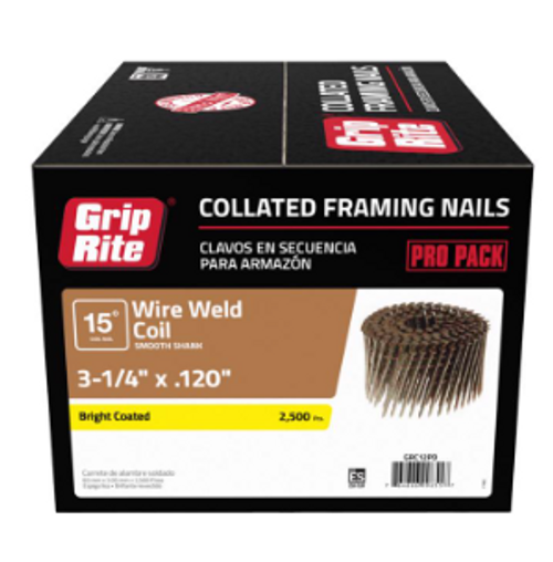 3-1/4 in. L X 11 Ga. Angled Strip Bright Framing Nails 15 deg 2500 pk - No. GRC12PD