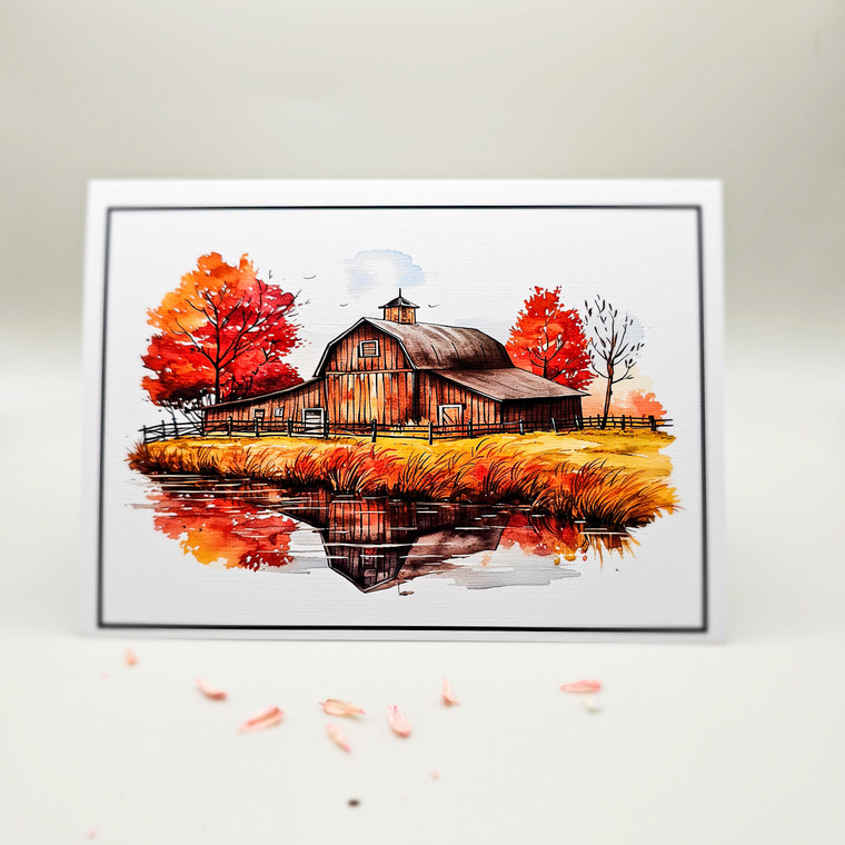 Autumn Barn watercolor greeting card