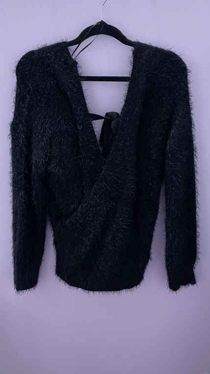 Black Fuzzy Crossover Sweater Size Medium