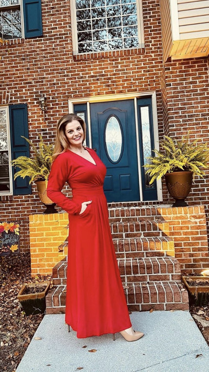 Red V Neck Dolman Sleeve Pleated Maxi Dress