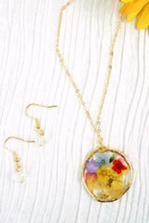 Multi-Color Pressed Flower Goldtone Necklace