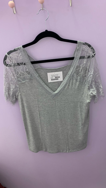 Gray Sweet Side Lace Deep V Neck T-shirt