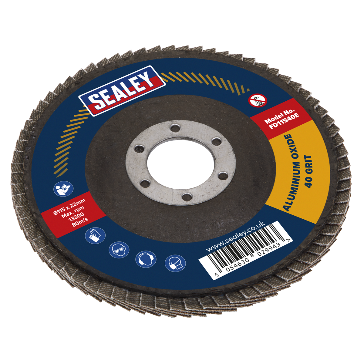 Flap Disc Aluminium Oxide Ø115mm Ø22mm Bore 40Grit | FD11540E | Sealey
