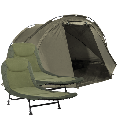 Fishing 2-Man Bivvy Tent with Pre-Threaded Poles 2x Bedchairs