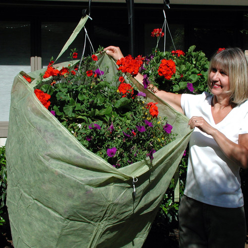 Frost Protek Hanging Basket Cover is designed specifically for hanging baskets. Attach the sewn-in strap to the hanging hook so you have both handsfree  to pull the cover over the plant. Tighten the drawstring to quickly secure the cover in place.  
