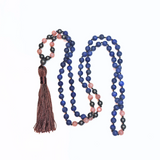 Reiki Charged-Pyrite, Lapis Lazuli & Sunstone Gemstone Mala with Brown Hand Knotted Cord