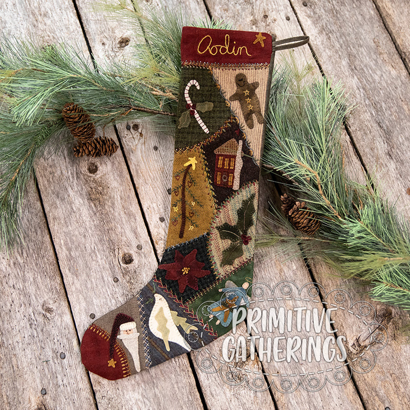 Crazy Wool Christmas Stocking PRI-332 - Primitive Gatherings Quilt