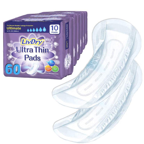 two light incontinence pads in front of a bag that says LivDry ultra thin ultimate