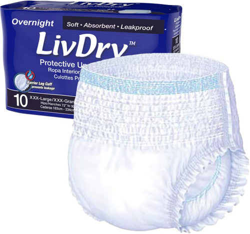LivDry Adult Incontinence Underwear, Overnight Comfort Absorbency, Leak Protection, with a single white pair of underwear in front of the bag