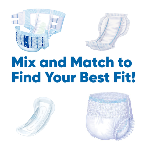 the words "mix and match to find your best fit!" surrounded by a pair of protective underwear, and incontinence brief, and two plastic-backed pads for urinary incontinence