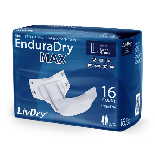 a blue bag of LivDry EnduraDry MAX super absorbent briefs for adult urinary incontinence