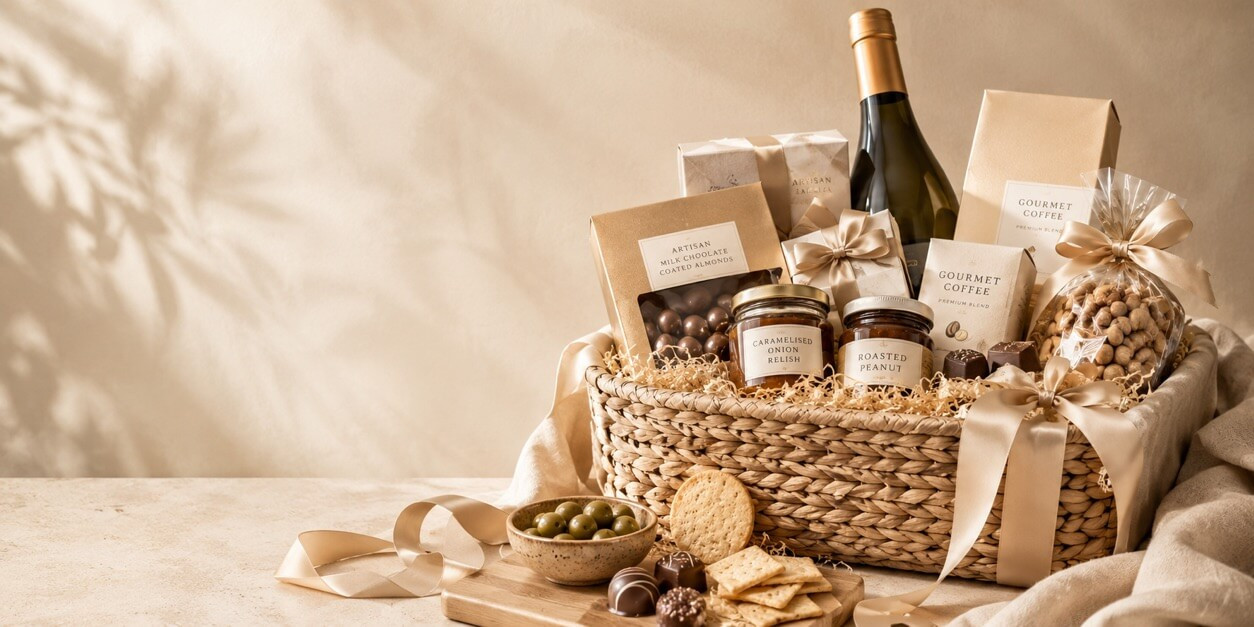 Gift basket with nuts, whine, chutneys, chocolates and assorted sweet and savory items for delivery Naracoorte.