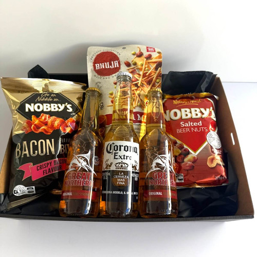 Ultimate Beer & Nibbles Hamper with 3 bottles of Corona, Bhuja mix, pork crackles, and Nobby’s Salted Beer Nuts, wrapped in cellophane with ribbons