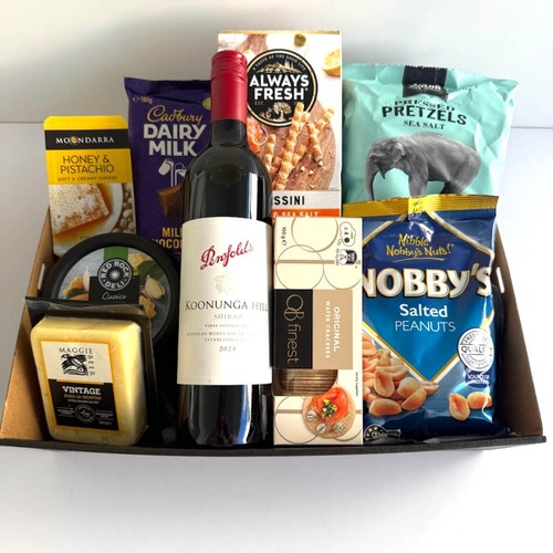 A Wine and cheese hamper with an assortment of savoury and sweet treats. Same-day delivery Naracoorte