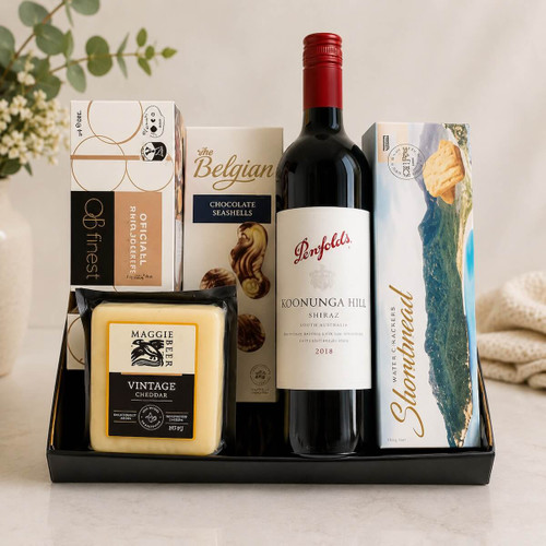 Cheese & Wine Gift Box with selected cheese, OB’s Finest crackers, Chocolates, and 700 ml wine, wrapped with ribbons for same-day delivery in Naracoorte.
