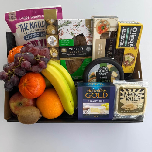 Delight someone special with a beautifully presented gift tray featuring fresh seasonal fruit, gourmet cheese, savoury dip, quality crackers, chocolates and sweet treats. Perfect for birthdays, hospital visits, thank you gifts and special occasions. Available with same-day delivery throughout Naracoorte.