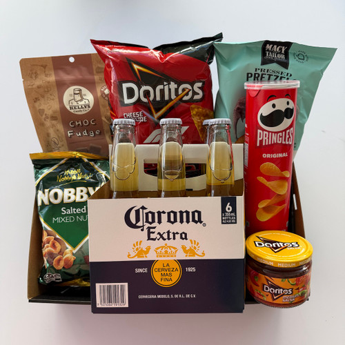 Beer Lover’s Hamper with six-pack of Corona, snacks, chocolates, and gift card, wrapped in cellophane with ribbons