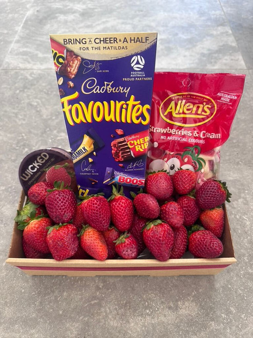 Strawberries and chocolate indulgence gift box with fresh strawberries, chocolates and lollies
