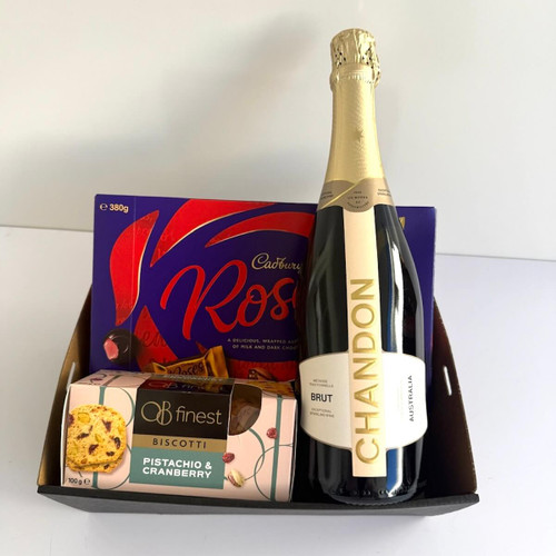 Chandon & Chocolate Indulgence Gift Tray with 750ml Chandon Brut, Cadbury Roses chocolates and OB’s Finest Biscotti. Perfect gift for sharing.