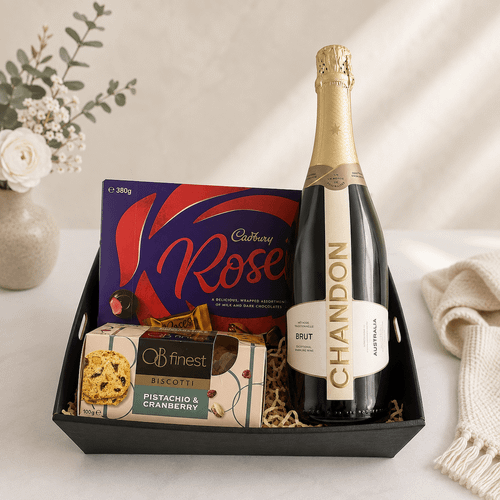 Chandon & Chocolate Indulgence Gift Tray with 750ml Chandon Brut, Cadbury Roses chocolates and OB’s Finest Biscotti. A perfect gift to share; delivery to Narracoorte.