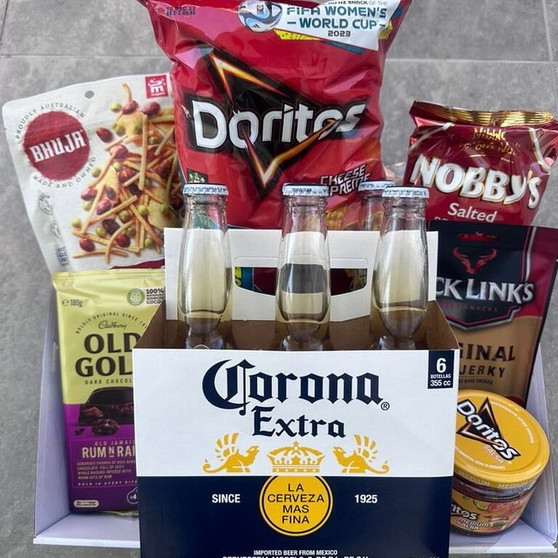 Gift Hamper with 6 pack of beer, bhuja, doritos, salsa, beer nuts, chocolate and jerky.