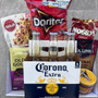 Gift Hamper with 6 pack of beer, bhuja, doritos, salsa, beer nuts, chocolate and jerky.