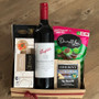 Gift Box with Bottle of wine cheese crackers, mint balls and Cookies
