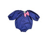 Girls Infant Royal Blue Eyelet Bubble Romper with Pink Bow - detail view - Sophie Catalou