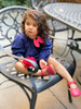 Girls Infant Royal Blue Eyelet Bubble Romper with Pink Bow - back view - Sophie Catalou