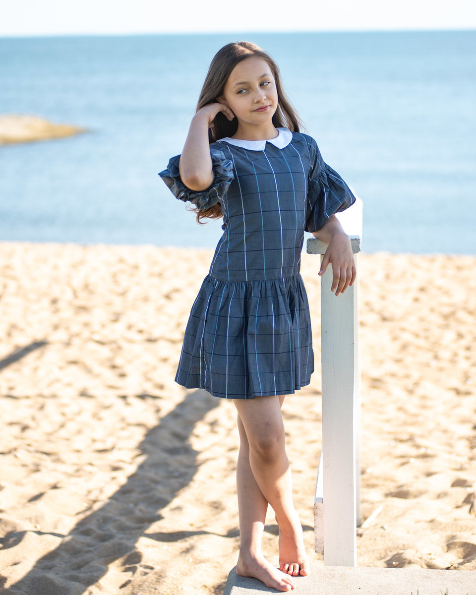 Girls Toddler & Kids Chambray Blue Bell-Sleeve Karen Dress 2-8y - front view - Sophie Catalou