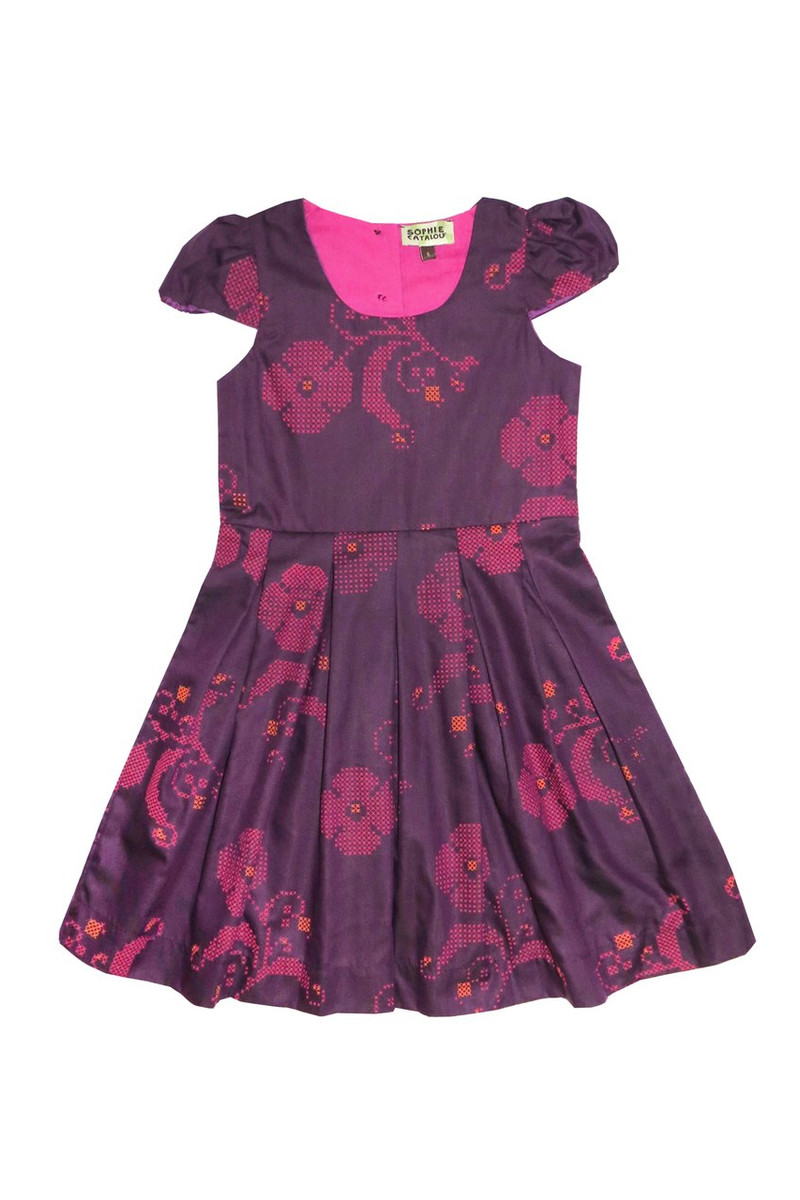 Girls Toddler & Kids Burgundy Floral Crosstitch Dress 2-10y - front view - Sophie Catalou